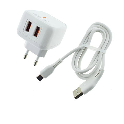 Incarcator priza retea - Set incarcator dual USB-A si cablu USB-C, 2.4A, Jellico C2 10146, Fast Charging, 100-240V, indicator LED, alb