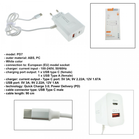 Set incarcator retea cu cablu USB Tip C, QC 3.0, PD, 20W, cu port USB si USB de tip C, P07-W, alb [5]