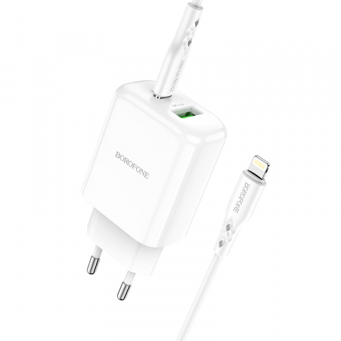 Set incarcator retea cu cablu USB Tip C tata la Tip Lightning, Borofone 74809 BN4, QC 3.0, 20W, cu port USB si USB de tip C, alb [10]