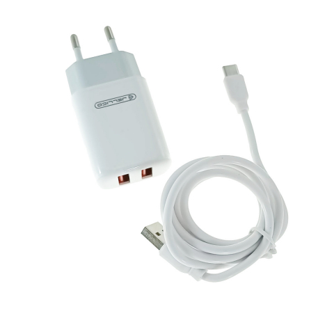 Incarcator priza retea - Set incarcator retea cu un 2 porturi USB si cablu USB-C lungime 1m, 5V, 2.4A, Jellico EU02 20326, alb