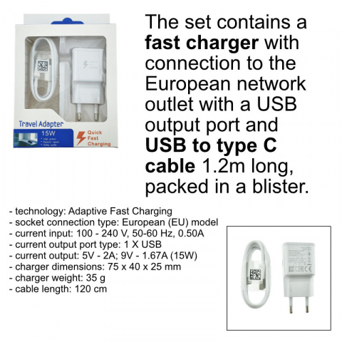 Set incarcator USB, 15W, EP-TA20EWE Adaptive Fast Charging, cu cablu tip C EP-DN930CWE 1.2m, OEM, in blister, alb [5]