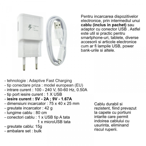 Set incarcator USB 2A, cu cablu microUSB 80 cm, Travel Adapter, Adaptive Fast Charging, alb, bulk [5]