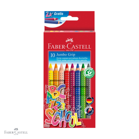 Creioane colorate si carioci - Set promotional 10 creioane colorate Jumbo Grip Faber-Castell, forma triunghiulara ergonomica, solubile in apa, pentru copii mici