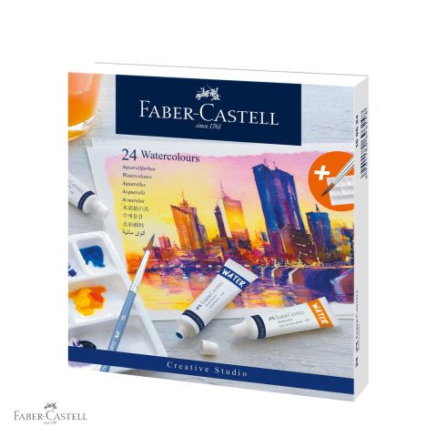 Birotica papetarie - Set tempera acuarele 24 culori 9ml cu paleta de amestecare Faber-Castell, culori intense, pentru copii si elevi