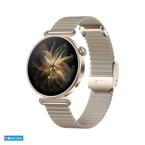 Smartwatch - Smartwatch Forever Bloomdust SB-380, bej sampanie, IP68, aliaj de zinc, aliaj de aluminiu, cupru, aliaj de magneziu, incarcare 2 h, Amoled 1,32" 466x466 pix, 300 mAh, bluetooth v.5.3, curea 210 mm
