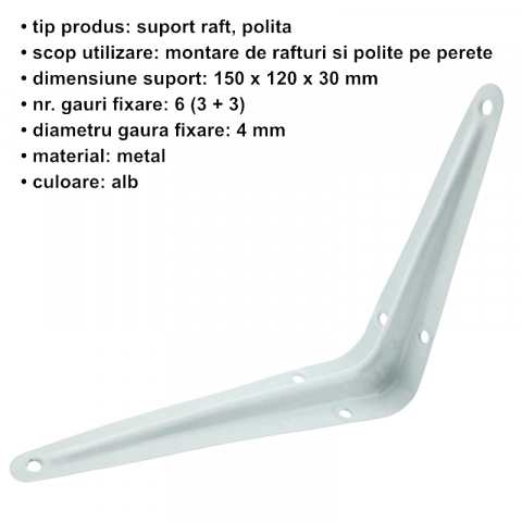 Suport pentru raft si polita, tip L, din metal, 120 X 150 X 30 mm, alb [4]