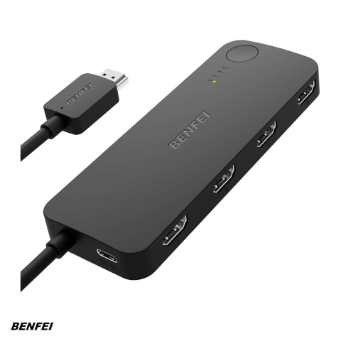 Cablu HDMI - Switch HDMI 4K 60Hz 2K 144Hz, cu 4 porturi de intrare si o iesire, port USB-C pentru alimentare suplimentara, HDCP 2.3, cablu 1.2m, suporta conexiuni cu cabluri de pana la 10m, negru