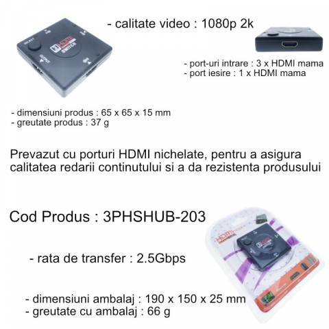Switch video cu 3 intrari HDMI si o iesire HDMI, Full HD 1080p, cu comutator, negru [5]