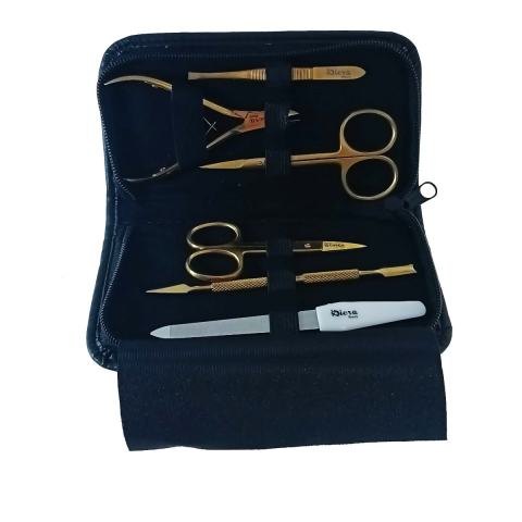 Truse cosmetice - Trusa manichiura cu 6 instrumente si geanta depozitare, MM16-V20 81010, pila, spatula, penseta, 2 forfecute, cleste, auriu cu negru