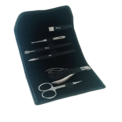 Truse cosmetice - Trusa manichiura si pedichiura cu 6 instrumente si geanta depozitare, MM15-V19 81009, forfecuta, pila, cleste colturi, penseta, 2 spatule, negru cu argintiu
