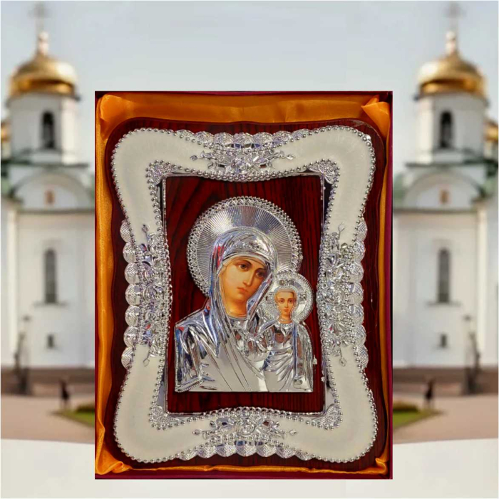 Icoana Maica Domnului cu Pruncul Iisus - lemn natural, detalii argintii [4]