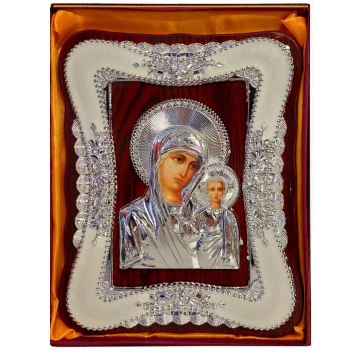 Icoana Maica Domnului cu Pruncul Iisus - lemn natural, detalii argintii [2]