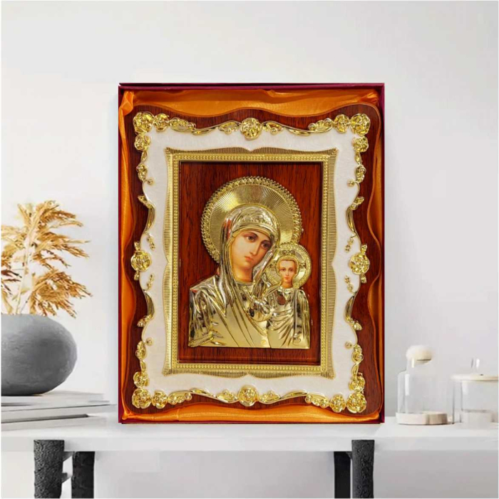 Icoana Maica Domnului cu Pruncul Iisus - lemn natural, detalii aurii [3]