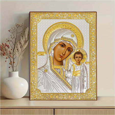 ICOANE MAICA DOMNULUI - Icoana Maica Domnului cu Pruncul Iisus - detalii argintii si aurii