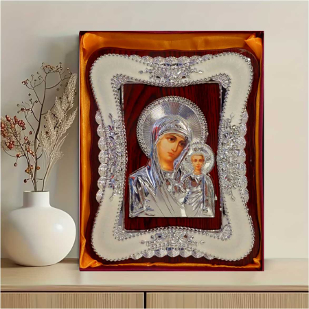 ICOANE MAICA DOMNULUI - Icoana Maica Domnului cu Pruncul Iisus - lemn natural, detalii argintii