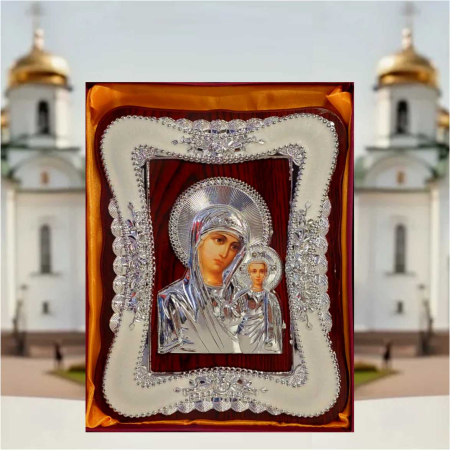 Icoana Maica Domnului cu Pruncul Iisus - lemn natural, detalii argintii [3]