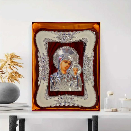 Icoana Maica Domnului cu Pruncul Iisus - lemn natural, detalii argintii [2]
