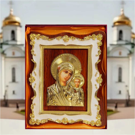 Icoana Maica Domnului cu Pruncul Iisus - lemn natural, detalii aurii [3]