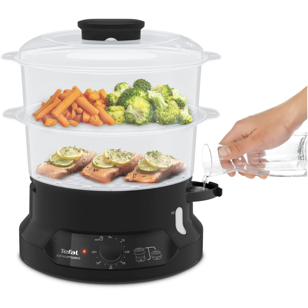 Aparat de gatit cu aburi Tefal MiniCompact VC139810,800W, 6L, preparare 2 retete simultan, 2 compartimente, timer 60 min, indicator nivel apa, negru [2]