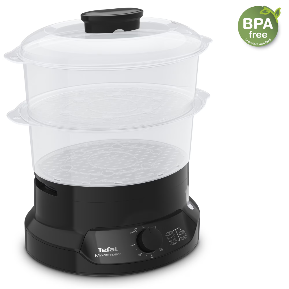 Aparat de gatit cu aburi Tefal MiniCompact VC139810,800W, 6L, preparare 2 retete simultan, 2 compartimente, timer 60 min, indicator nivel apa, negru [3]