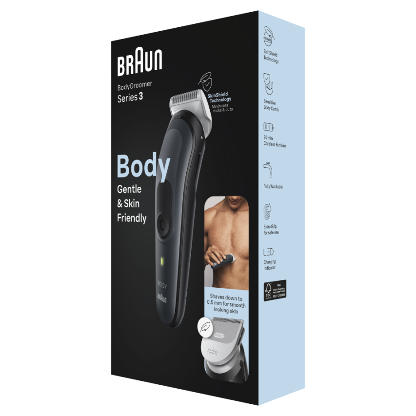 Aparat de ingrijire corporala Braun BG3340 cu Tehnologie Skinshield, 2 piepteni ficsi, 1 pieptene pentru zone sensibile, 1 incarcator, Negru/Gri [3]