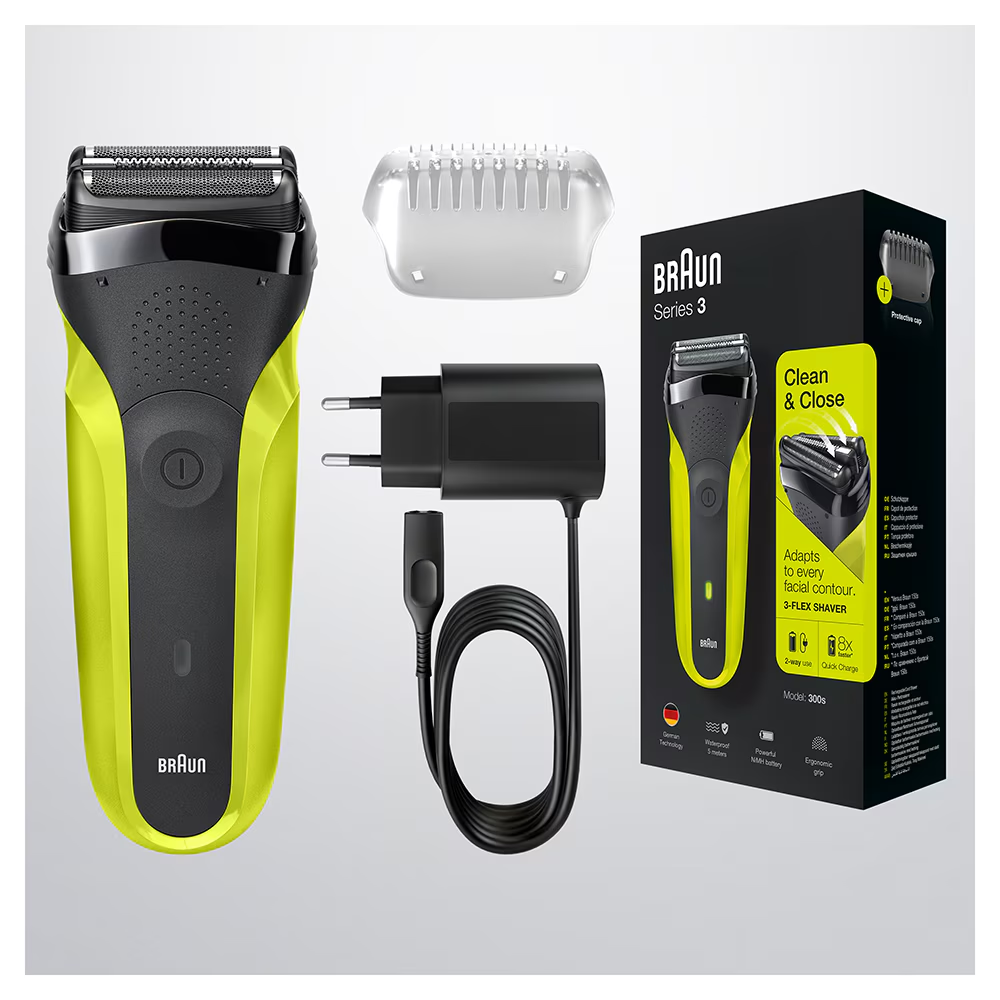 Aparat de ras Braun Series 3 300s, Wet&Dry, 3-Flex Blades, maner ergonomic, autonomie 30 min, Negru/Verde [1]