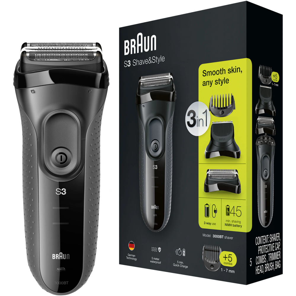Aparat de ras electric Braun Series 3 3000BT ProSkin Wet&Dry, MicroComb, cap de tuns, 5 piepteni, Saculet de calatorie, Negru [1]