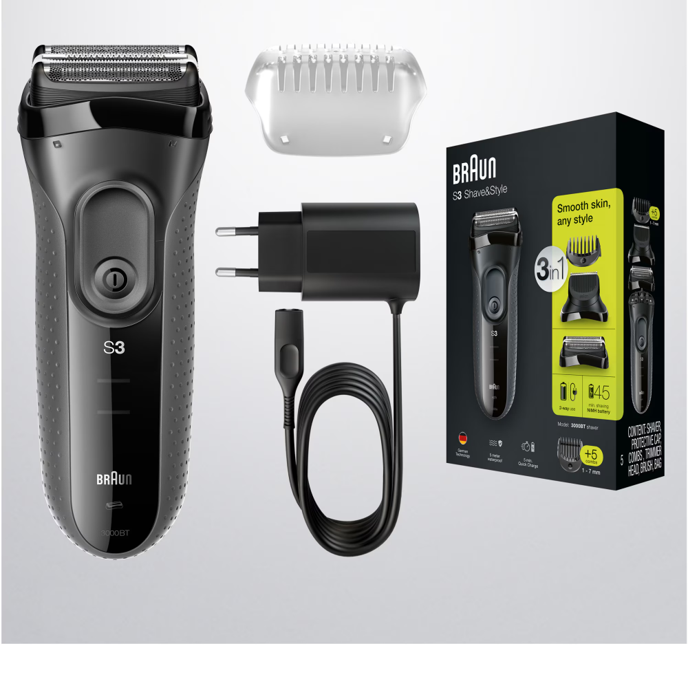 Aparat de ras electric Braun Series 3 3000BT ProSkin Wet&Dry, MicroComb, cap de tuns, 5 piepteni, Saculet de calatorie, Negru [3]