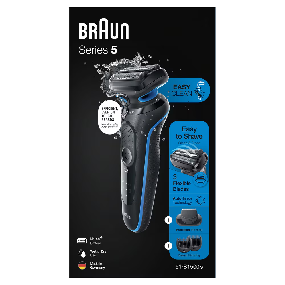 Aparat de ras electric Braun Series 5 51-B1500s Wet&Dry, AutoSense, Easy Clean, Easy Click, 3 elemente de taiere, accesorii pentru barba, Albastru/Negru [3]