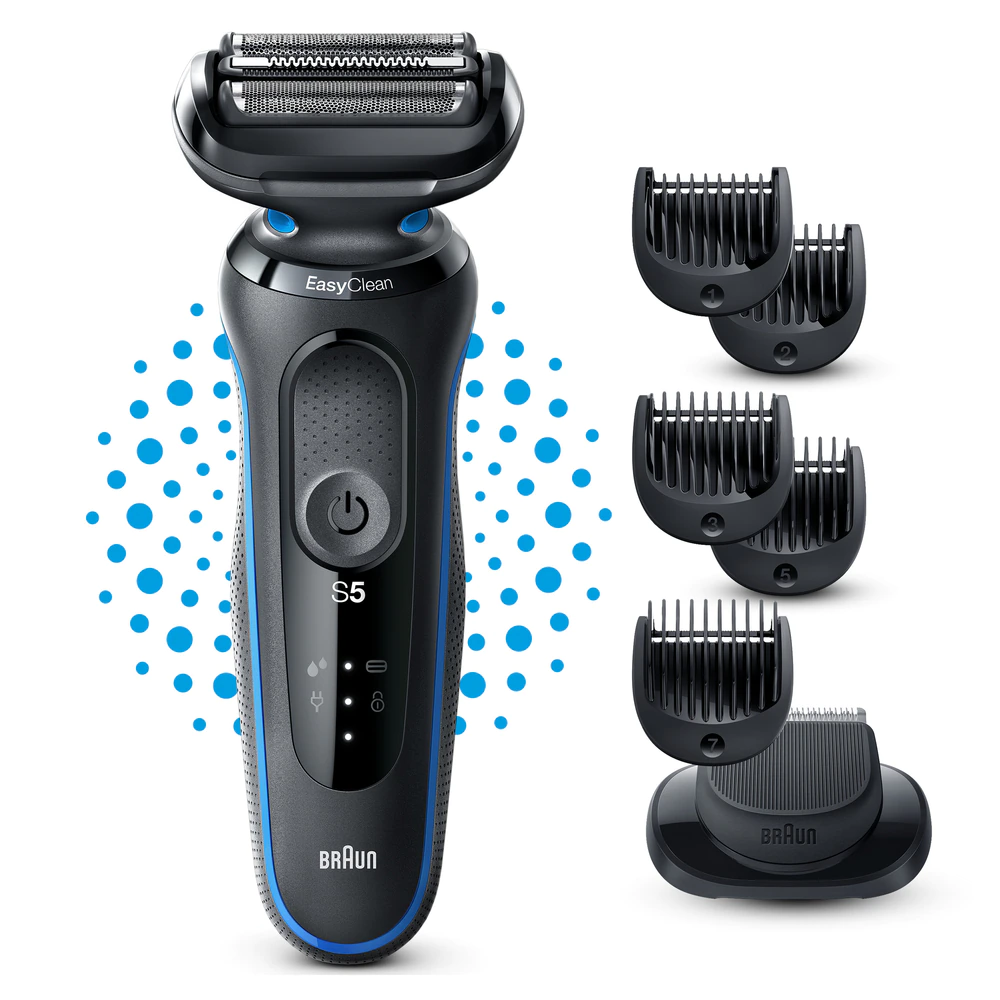 Aparat de ras electric Braun Series 5 51-B1500s Wet&Dry, AutoSense, Easy Clean, Easy Click, 3 elemente de taiere, accesorii pentru barba, Albastru/Negru [2]