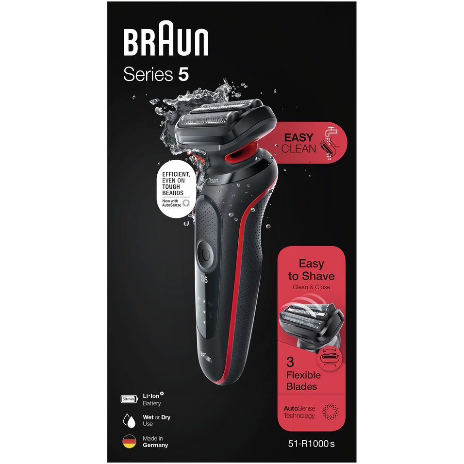 Aparat de ras electric Braun Series 5 51-R1000s Wet&Dry, AutoSense, Easy Clean, Easy Click, 3 elemente de taiere, Rosu/Negru [5]