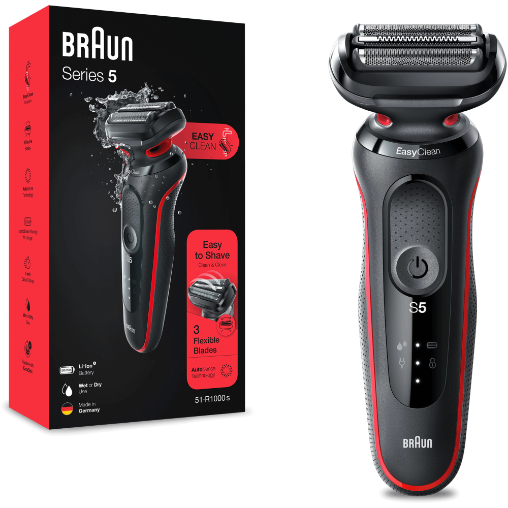 Aparat de ras electric Braun Series 5 51-R1000s Wet&Dry, AutoSense, Easy Clean, Easy Click, 3 elemente de taiere, Rosu/Negru [1]