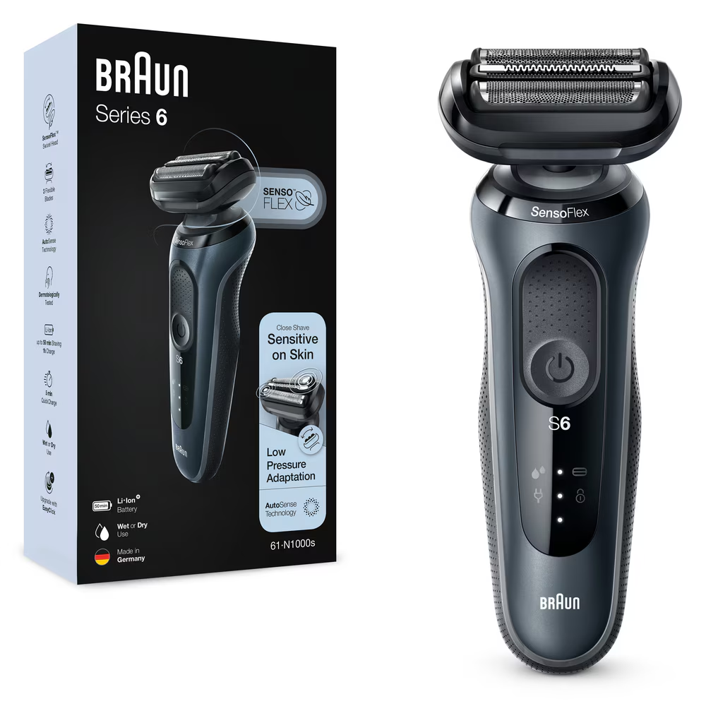 Aparat de ras electric Braun Series 6 61-N1000s Wet&Dry, AutoSense, 4 elemente de taiere, SensoFlex, Trusa de voiaj, Gri [1]