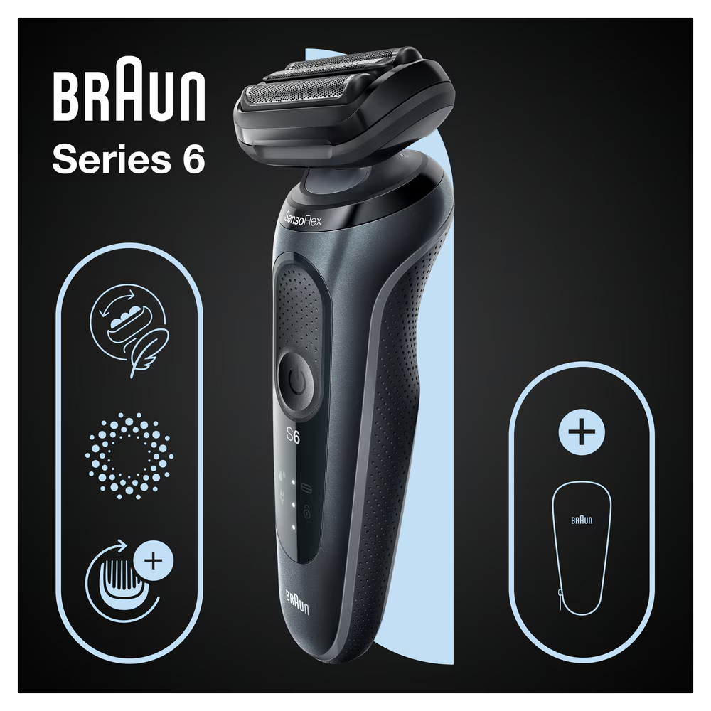 Aparat de ras electric Braun Series 6 61-N1000s Wet&Dry, AutoSense, 4 elemente de taiere, SensoFlex, Trusa de voiaj, Gri [3]