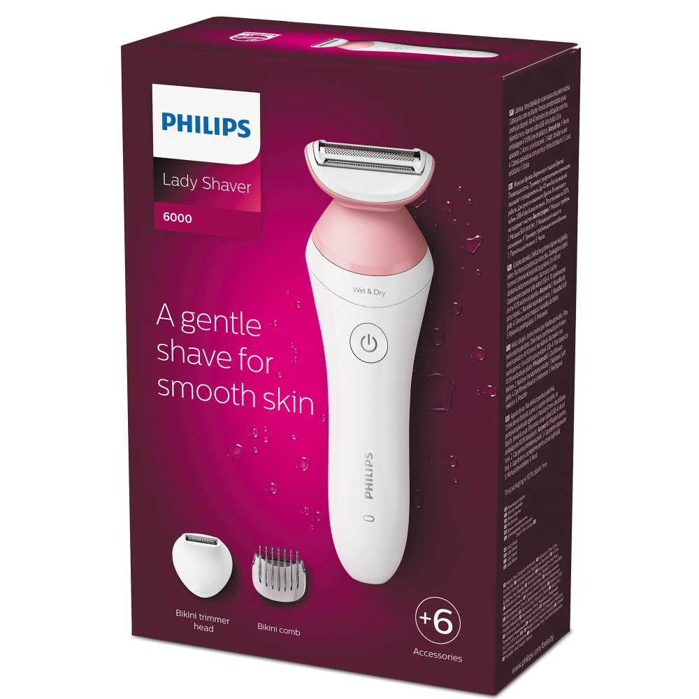 Aparat de ras fara fir, umed si uscat Philips Lady Shaver Seria 6000 BRL146/00, Wet&Dry, 10 ore incarcare, 40 min utilizare, Husa, manusa exfoliere, Alb/Roz [4]