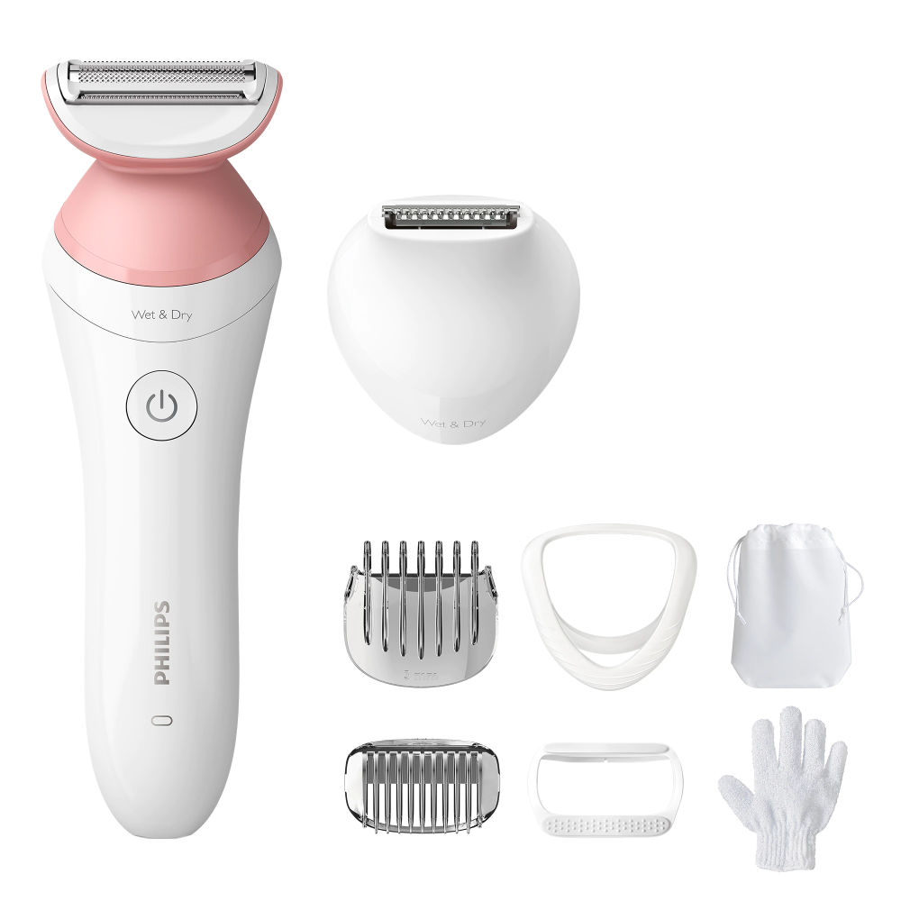 Aparat de ras fara fir, umed si uscat Philips Lady Shaver Seria 6000 BRL146/00, Wet&Dry, 10 ore incarcare, 40 min utilizare, Husa, manusa exfoliere, Alb/Roz [1]
