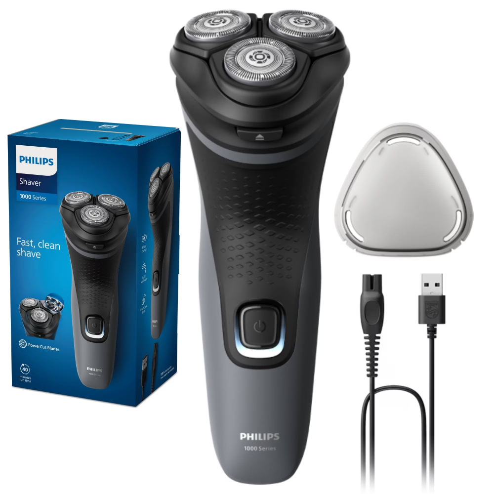 Aparat de ras PHILIPS Shaver Seria 1000 S1142/00, barbierit umed si uscat, fara fir, capete 4D flexibile, lame autoascutire, 40 min, capac de protectie, Gri inchis [1]