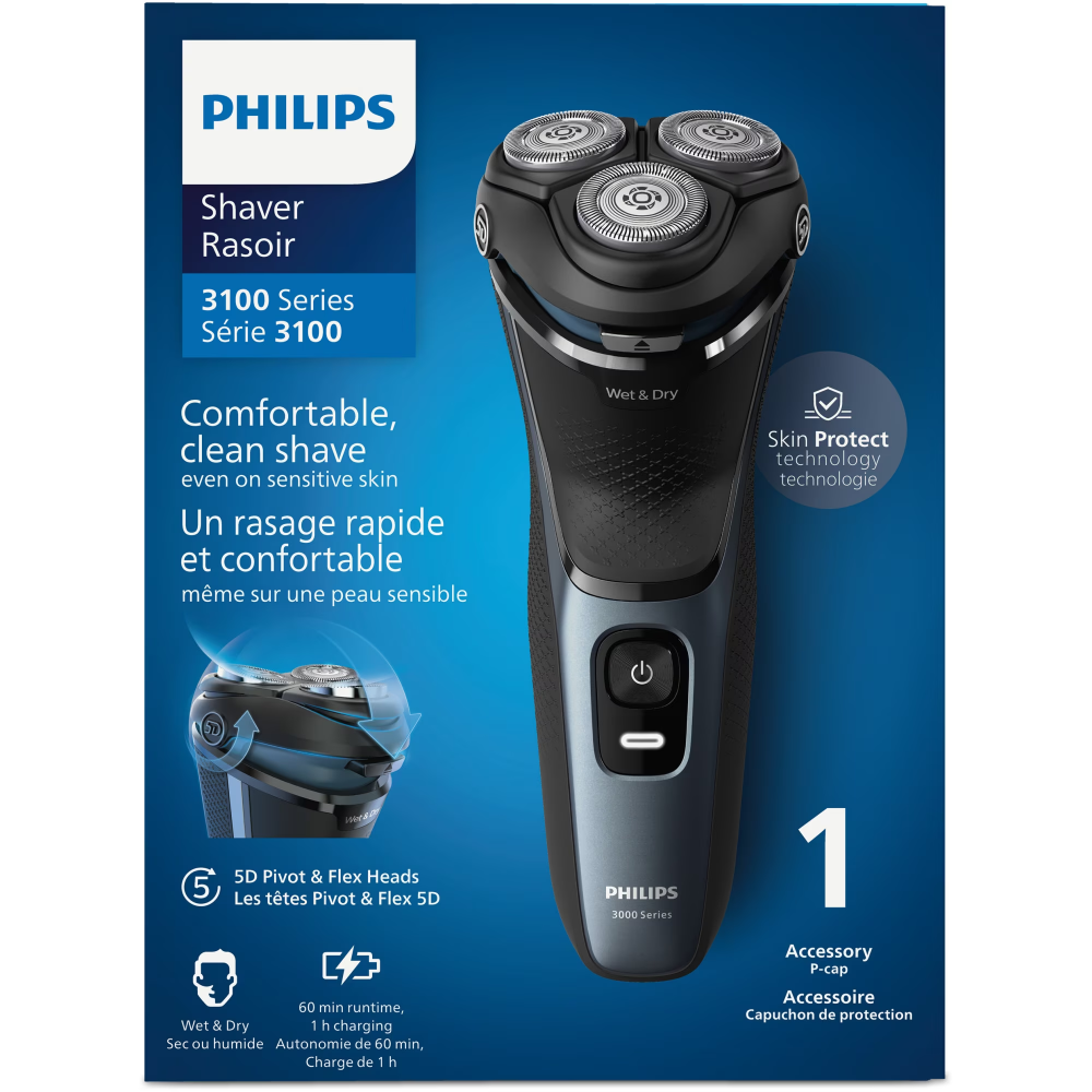 Aparat de ras PHILIPS Shaver Seria 3000 S3144/00, barbierit umed si uscat, fara fir, capete 5D pivotante si flexibile, lame autoascutire, 60 min, capac de protectie [2]