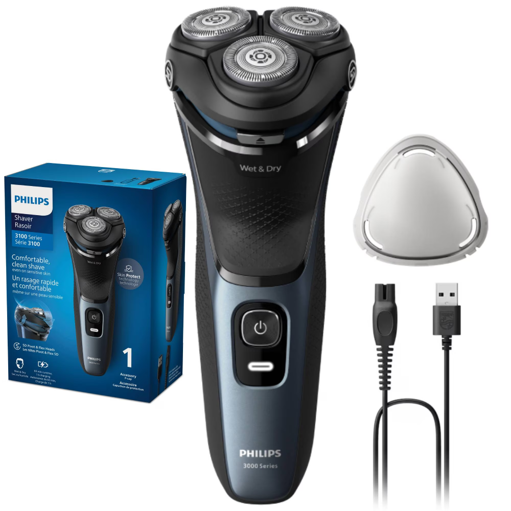 Aparat de ras PHILIPS Shaver Seria 3000 S3144/00, barbierit umed si uscat, fara fir, capete 5D pivotante si flexibile, lame autoascutire, 60 min, capac de protectie, Albastru intens [1]