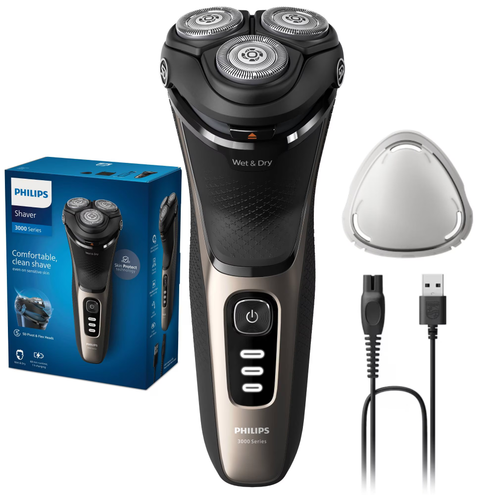Aparat de ras PHILIPS Shaver Seria 3000 S3242/12, barbierit umed si uscat, fara fir, capete 5D pivotante si flexibile, lame autoascutire, 60 min, capac de protectie, Auriu cenusiu [1]