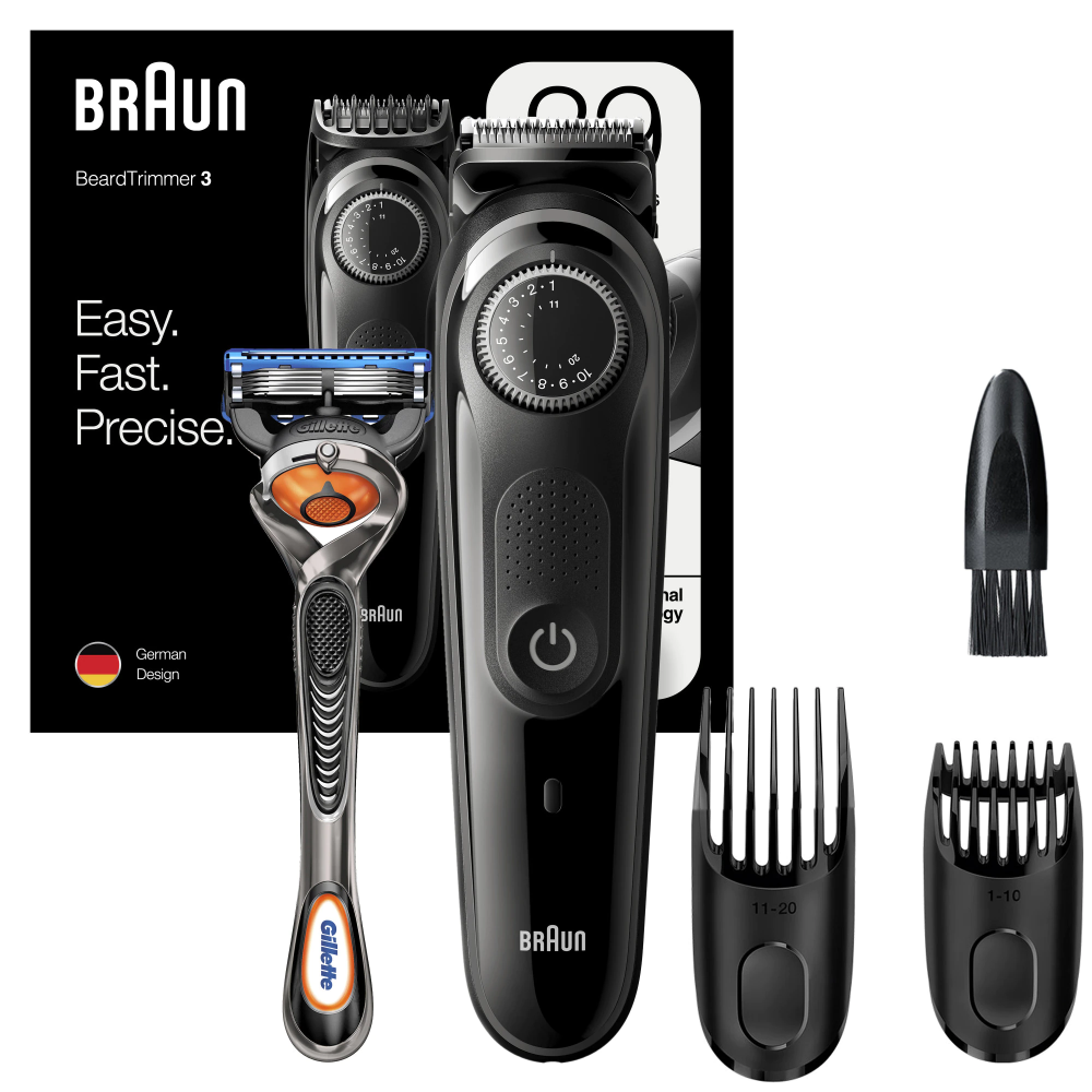 Aparat de tuns barba Braun Beard Trimmer BT3242 Wet&Dry, buton rotativ de precizie, 2 piepteni, Aparat de ras Gillette, Negru/Albastru [1]