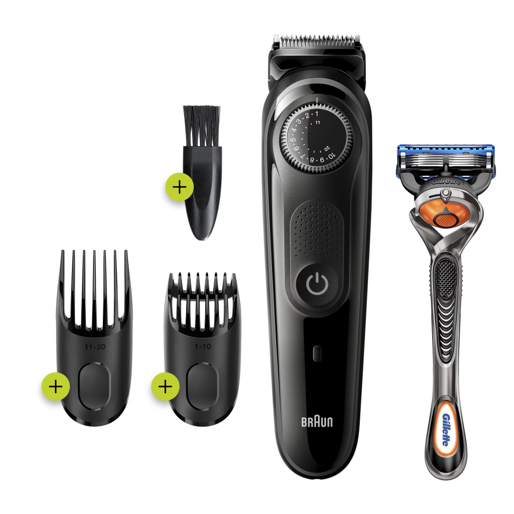 Aparat de tuns barba Braun Beard Trimmer BT3242 Wet&Dry, buton rotativ de precizie, 2 piepteni, Aparat de ras Gillette, Negru/Albastru [2]
