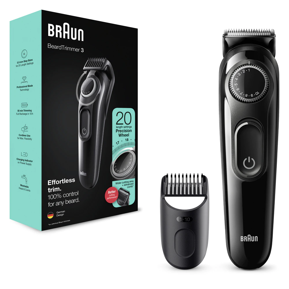 Aparat de tuns barba Braun Beard Trimmer BT3322, Wet&Dry, buton rotativ de precizie, 20 de setari pentru lungime, 1 pieptene, Negru [1]