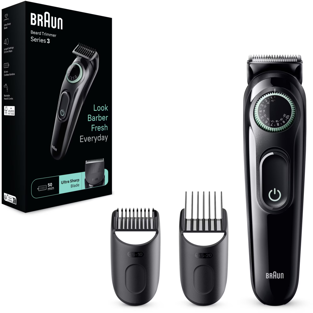 Aparat de tuns barba Braun Beard Trimmer BT3411, Wet&Dry, buton rotativ de precizie, 40 de setari pentru lungime, 2 piepteni, autonomie 50 minute, Negru/Verde [2]