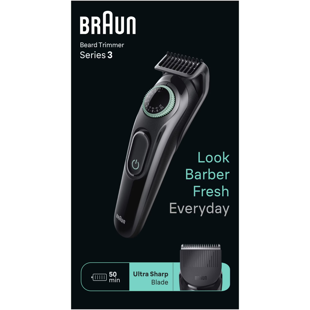 Aparat de tuns barba Braun Beard Trimmer BT3411, Wet&Dry, buton rotativ de precizie, 40 de setari pentru lungime, 2 piepteni, autonomie 50 minute, Negru/Verde [3]