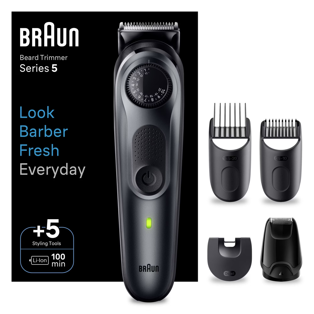 Aparat de tuns barba Braun Beard Trimmer BT5420, Wet&Dry, buton rotativ de precizie, 40 de setari pentru lungime, 1 mini-aparat de ras, 3 piepteni, autonomie 100 minute, Negru [1]