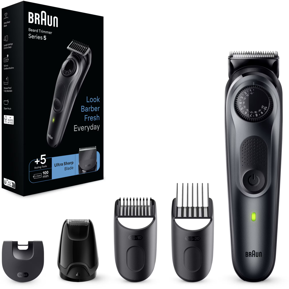Aparat de tuns barba Braun Beard Trimmer BT5420, Wet&Dry, buton rotativ de precizie, 40 de setari pentru lungime, 1 mini-aparat de ras, 3 piepteni, autonomie 100 minute, Negru [2]