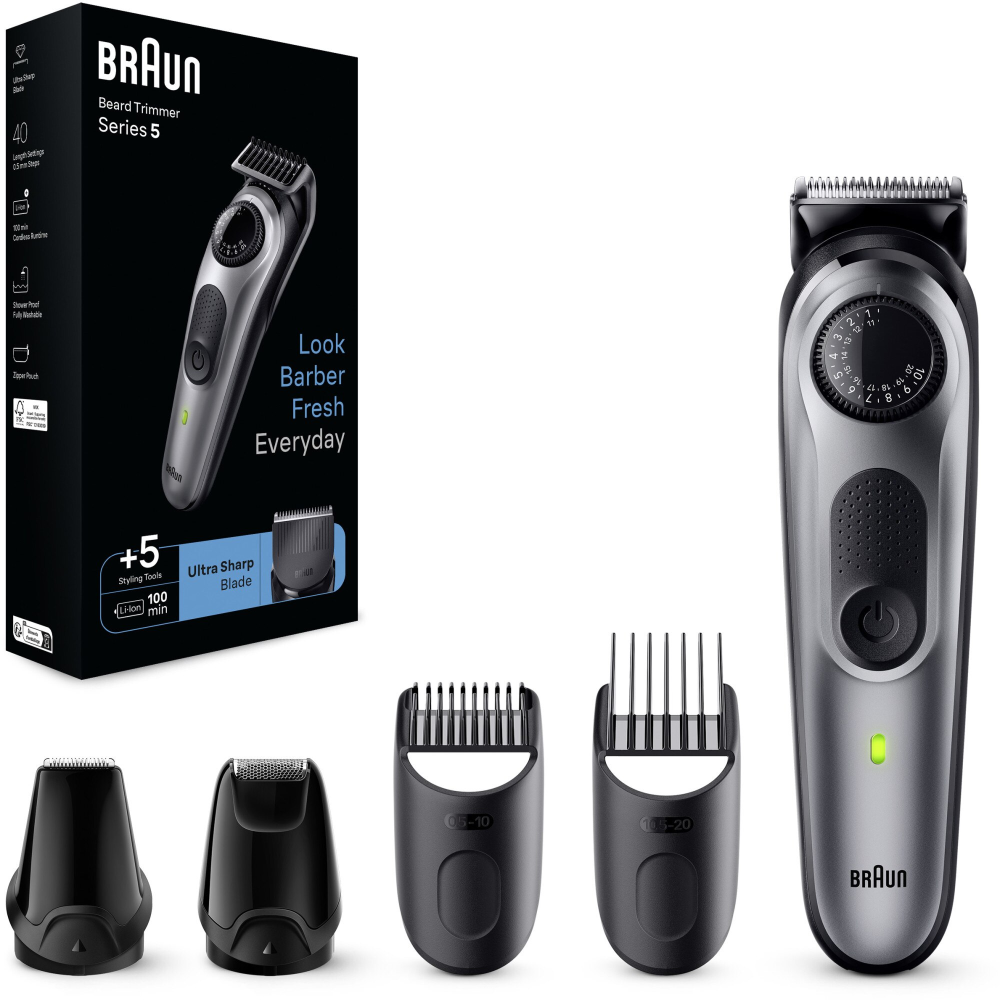 Aparat de tuns barba Braun Beard Trimmer BT5440, Wet&Dry, buton rotativ de precizie, 40 de setari pentru lungime, 1 mini-aparat de ras, 2 capete de tundere, 3 piepteni, autonomie 100 minute, Gri [2]