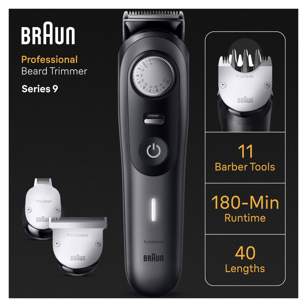 Aparat de tuns barba Braun Beard Trimmer BT9441, Wet&Dry, buton rotativ de precizie, 40 de setari pentru lungime, 3 capete, 4 piepteni, 1 aparat de ras Gillette, autonomie 180 minute, Trusa de calator [4]