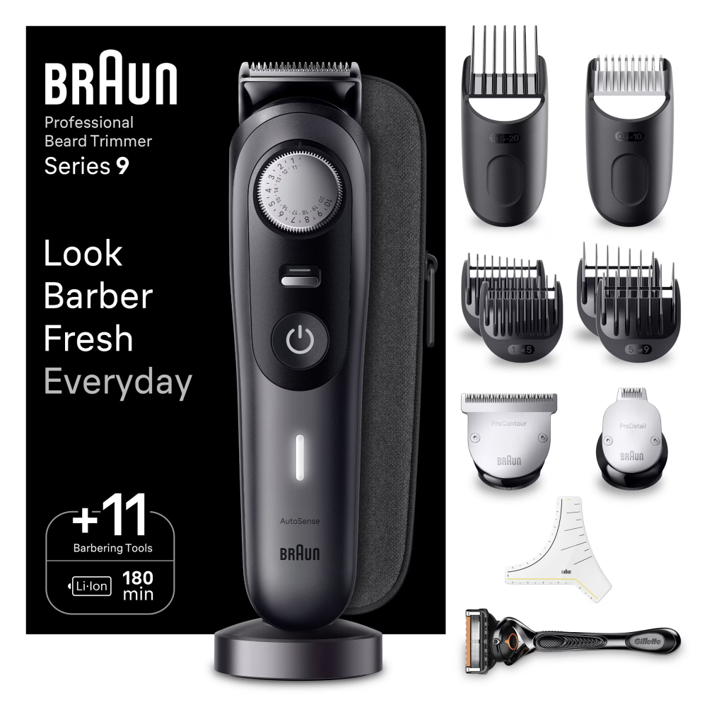 Aparat de tuns barba Braun Beard Trimmer BT9441, Wet&Dry, buton rotativ de precizie, 40 de setari pentru lungime, 3 capete, 4 piepteni, 1 aparat de ras Gillette, autonomie 180 minute, Trusa de calator [2]